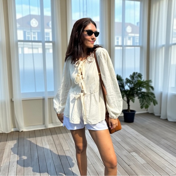 Cream Dream: ZESICA Tie-Front Babydoll Long-Sleeve Top - Medium Marvel! 🌟 NWOT - Picture 4 of 12